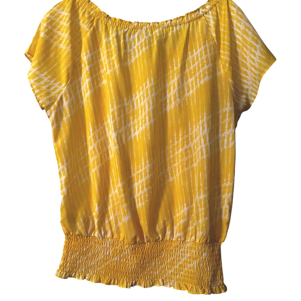 MICHAEL KORS Yellow White Abstract Print Smocked Waist Top M - Picture 2 of 4